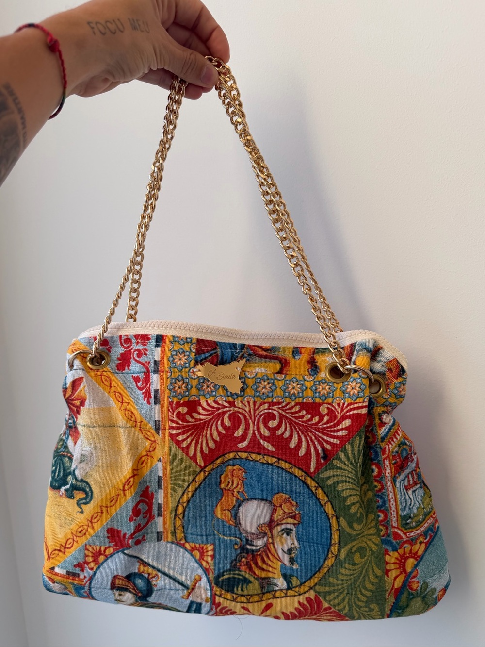 Colorful Sicilian-Print Chain Shoulder Bag - Gold Chain - Handmade from Italy